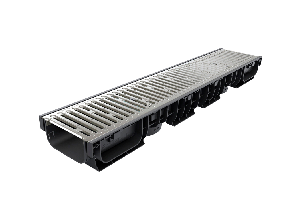 Лоток водоотводный пластиковый BASE DN150 H100 с решеткой щелевой стальной оцинкованной A15 (1000x206xH100мм)